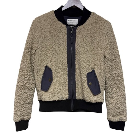 Marrakech Anthropologie Women's Bomber Jacket Sherpa Full Zip Tan Small - Picture 1 of 9